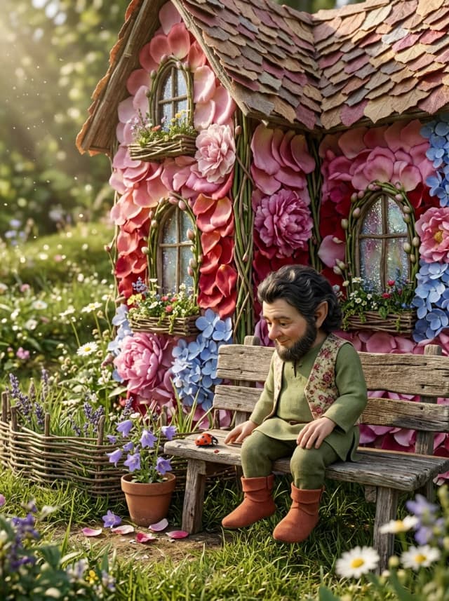 In the warm sunlight, a small gnome with dark, wavy hair and a neat beard is sitting on a miniature wooden bench, dressed in a linen tunic the color of moss, a waistcoat with a floral pattern, and suede boots in a terracotta hue. He is captivated by a ladybug that has settled nearby on the edge of the bench — its glossy shell with dots, thin legs, and antennae are visible. Behind the dwarf stands a spacious house with high walls that are fully visible in the frame: they are built from dense layers of rose petals, peonies, and hydrangeas, held together by thin stems; the roof is made of large dry leaves and overlapping petals, laid like shingles; the arched windows are framed by intertwined stems with small buds; instead of glass, there is frozen dew, shimmering with iridescent highlights; on the facade, there are tiny planters with wildflowers. In front of the house is a front garden with a small fence woven from twigs, blades of grass, and lavender stems; nearby is a clay pot with bells and a scattering of petals on the grass. The gnome is deliberately small against the backdrop of the tall house, which emphasizes the fairy‑tale scale. In the background is a softly blurred grassy slope with daisies and grasses; in the air are motes and dewdrops in a ray of light. Textures: the velvet of petals, the veins of stems, the pile of fabric, the cracks on the bench. 8K, photorealism, maximum detail. The mood is quiet, bright magic of nature, peace and fragile beauty.