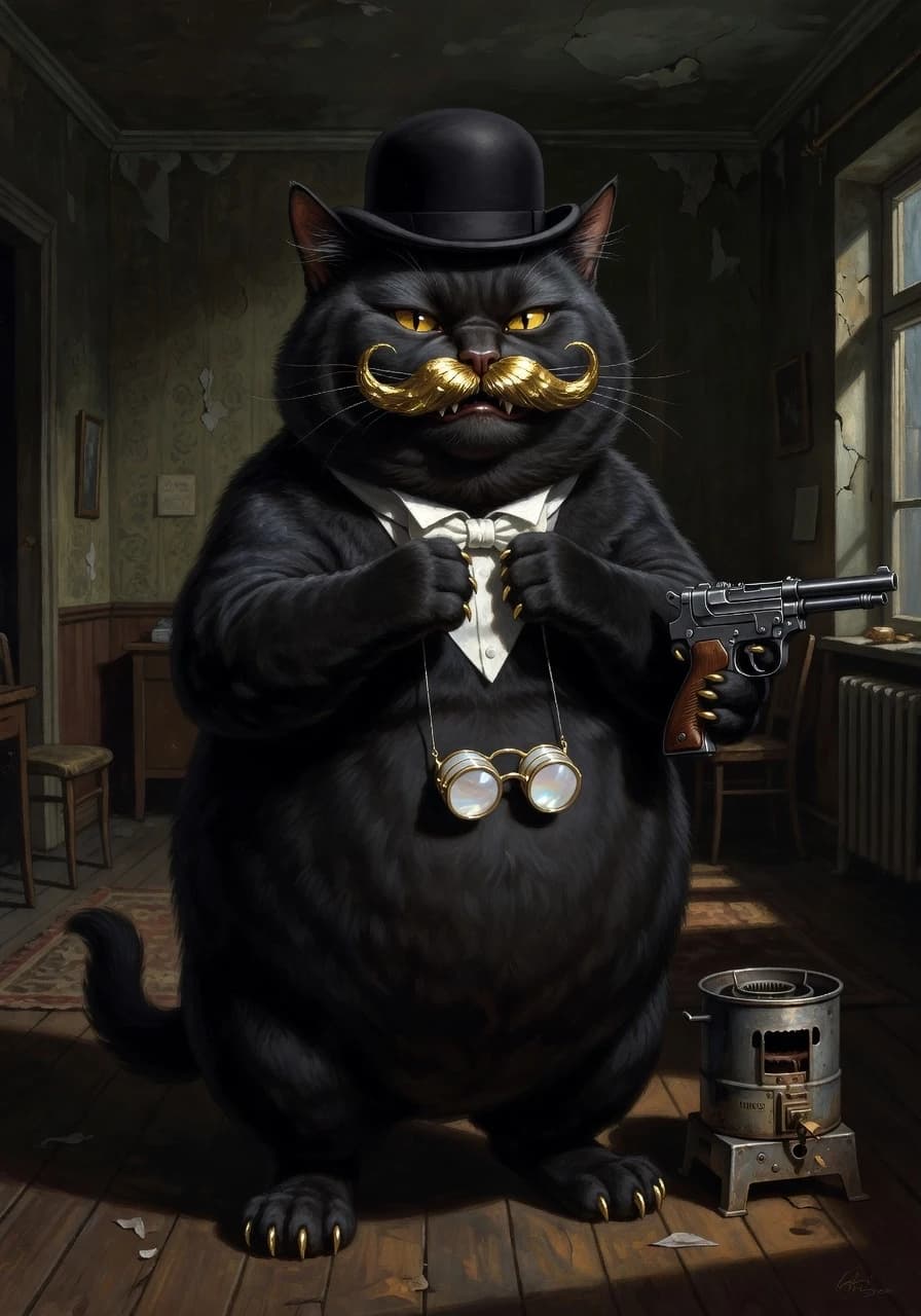 Огромный чёрный кот размером с кабана, жирный, тяжёлый. Стоит на задних лапах. Шерсть чернее сажи, отчаянные кавалерийские усы, круглая голова, острые уши, пухлые лапы. На шее — белый фрачный галстук-бабочка, на груди — перламутровый дамский бинокль на ремешке. Усы и когти позолочены. на полу стоит примус времен НЭПа (керосиновая горелка , должна выглядеть реалистично, без лишних деталей), в лапедержит пистолет системы маузер (реалистичный пистолет  Маузер C96!). На голове котелок Наглая, хитрая усмешка, глаза горят жёлтым. поправляет бабочку, с наглым, но игривым видом. Фон — коммунальная квартира или мрачный московский интерьер 1920-х. Стиль — иллюстрация к Булгакову, тёмное фэнтези, масло, драматичный свет.