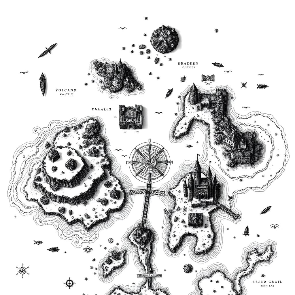 2D top-down authentic gritty dark fantasy large-scale strategic nautical map, high-detail medieval woodcut style, inspired by Tainted Grail: Fall of Avalon. Pure white background with sharp, ultra-thin black outlines, strictly no frame, no borders, no fills, no gradients, clean line art. The sea area is rendered with realism, using fine vintage wave etching:1, warning emblem markings:5, and menacing sea creature emblem markings featuring kraken:1, leviathan:1, and serpent-like beasts:2 randomly scattered in the deep waters, strictly no shipping lanes, strictly no sea routes. Sharp, realistic coastlines feature minimal, clean traditional dark fantasy cartography outline hatching to ensure clarity. The map depicts a vast archipelago of 5 large distinct climate islands and 10 small random islets, rendered as detailed hand-drawn topography layouts where numerous tiny points of interest are randomly scattered across the landmasses, leaving plenty of empty space between them. Features a prominent nautical passage formed by two small close twin islands, each topped with a highly visible watchtower, acting as a maritime gateway. The volcanic wasteland island features multiple randomly scattered landmarks including Volcanoes:1, Ruined Castles:2, Ancient Altars:3, Caves:4, Rivers:3. The corrupted swamp island features multiple randomly scattered landmarks including Burnt Forests:5, Swamps:4, Wooden Bridges:3, Worn Huts:2, Sunken Ruins:3. The frozen tundra island features multiple randomly scattered landmarks including Glacial Rivers:2, Ice Caves:3, Stone Obelisks:4, Frozen Fortresses:1. The overgrown ancient jungle island features multiple randomly scattered landmarks including Dense Forests:6, Overgrown Temples:2, Rope Bridges:4, Ritual Altars:3, Hidden Caverns:5. The central shattered citadel island features multiple randomly scattered landmarks including Megalithic Castle Ruins:1, Abandoned Cathedrals:2, Broken Stone Bridges:5, Crypts:4. The small scattered islets feature Lone Watchtowers:3, Shipwrecks:4, Treasure Caches:5. Every object, terrain line, and topographic feature is rendered exclusively as a hollow, high-contrast gritty medieval engraving line. Strictly zero solid black blocks, strictly zero text words, highly detailed masterwork.