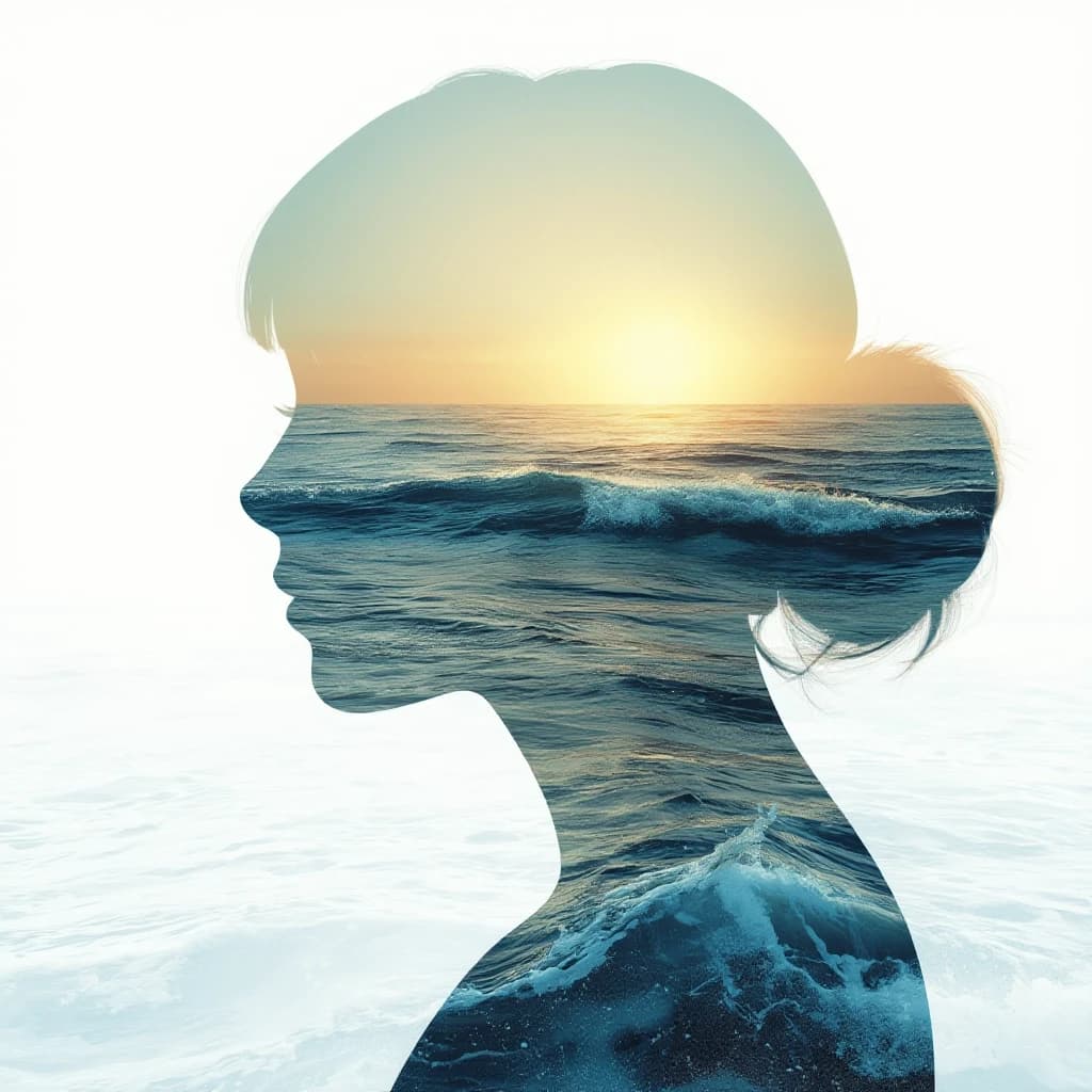(Double exposure: 1,9). Abstract background (soft colors, marine theme). Seascape (waves, clear water, splashes) inside transparent silhouette of girl's profile. Dissolving colours. Dissolution of textures. Interpenetration of layers and textures. Stylistics: surrealism, realism. Based exclusively on cool colors + yellow sun rays