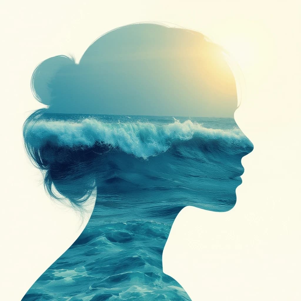(Double exposure: 1,9). Abstract background (soft colors, marine theme). Seascape (waves, clear water, splashes) inside transparent silhouette of girl's profile. Dissolving colours. Dissolution of textures. Interpenetration of layers and textures. Stylistics: surrealism, realism. Based exclusively on cool colors + yellow sun rays