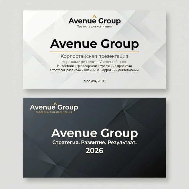 строгий и современный титульный слайд
Текст на слайде:
Avenue Group
Презентация компании
или, если нужно более статусно:
Avenue Group
Надёжные решения. Уверенный рост.
Структура слайда
1. Верхняя часть
Разместить логотип по центру или в левом верхнем углу.
2. Основной заголовок
Крупно по центру:
Avenue Group
3. Подзаголовок
Ниже заголовка, более мелким шрифтом:
Корпоративная презентация
или
Инвестиции • Девелопмент • Управление проектами
или
Стратегия развития и ключевые направления деятельности
4. Нижняя часть
Мелким шрифтом:
2026
или
Москва, 2026
Визуальный стиль
Так как логотип в чёрно-золотой гамме, рекомендую такой стиль:
Фон: белый, светло-серый или глубокий графитовый
Основные цвета:
золотой: для акцентов
чёрный: для текста
белый: для чистоты и премиальности
Шрифты:
Montserrat
Helvetica
Open Sans
Gotham-style, если есть
Готовый макет текста
Светлый фон:
[логотип сверху]
Avenue Group
Корпоративная презентация
Москва, 2026
Тёмный премиальный фон:
[логотип сверху или слева]
Avenue Group
Стратегия. Развитие. Результат.
2026
Идея дизайна
Чтобы слайд выглядел дорого и профессионально, можно добавить:
тонкую золотую линию под заголовком
полупрозрачный геометрический фон
лёгкий градиент от тёмно-серого к чёрному
минимализм без лишних элементов
Готовый вариант оформления, который можно сразу вставить в презентацию
Вариант текста:
Avenue Group
Корпоративная презентация
2026
Вариант оформления:
фон: белый
логотип: сверху по центру
заголовок: чёрный, крупный
подзаголовок: серый
тонкая золотая линия между заголовком и подзаголовком
титульный слайд PowerPoint 16:9.
Верх: логотип Avenue Group по центру (≈20–25% высоты)
Центр: заголовок AVENUE GROUP
Низ: Москва, 2026 (по центру, мелким кеглем)
Между заголовком и “Москва, 2026” — тонкая золотая линия (≈5–7 px)