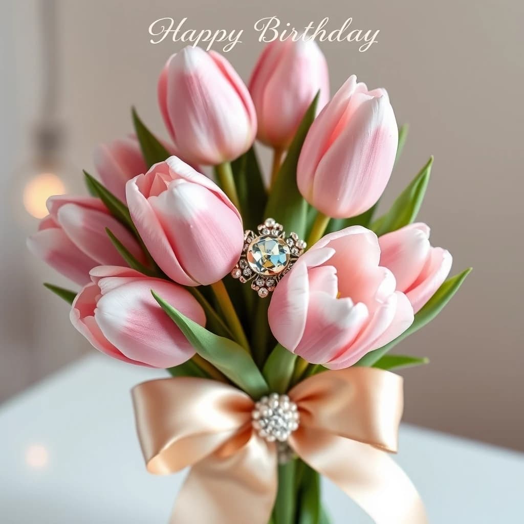 Luxury birthday greeting card, elegant bouquet of soft pink tulips, porcelain-like petals, decorated with dew drops and pearl beads, champagne satin ribbon with crystal centerpiece, feminine, glamorous, premium aesthetic, pastel pink tones, shallow depth of field, bokeh background, studio lighting, ultra detailed, realistic art style, classy floral postcard Style: realistic, luxury, elegant CFG: 7–9, Seed: random