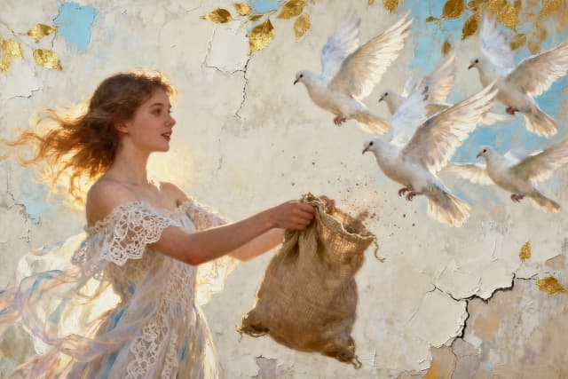 Ethereal panoramic scene of a young woman in an off-the-shoulder lace dress releasing a flock of white doves from a coarse burlap sack, wide-format composition with the woman positioned left and birds arcing to the right; soft, diffuse golden-hour backlight and gentle rim light highlighting her flowing sun-kissed hair and the translucent layers of fabric, delicate breeze animating strands and gown. Painterly, romantic-impressionist style with thick impasto textures and visible palette-knife strokes on a cracked plaster-like background; muted pastel palette of creamy ivory, pale blue, warm beige and luminous gold leaf accents. High-detail focus on feather and fabric texture, subtle motion blurs on wings, delicate dust motes and paint splatters, cinematic depth, shallow depth of field toward the foreground while preserving textured mural-like backdrop, serene uplifting mood, timeless fairytale quality. Intricate lighting contrasts, soft shadows, natural skin tones, hyper-detailed yet painterly finish.