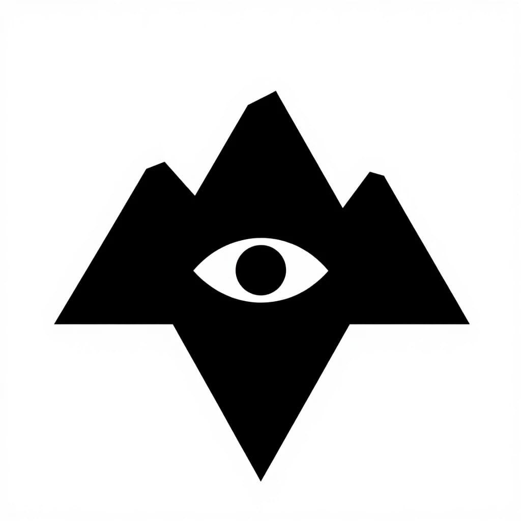 Silhouette with a crest or logo. A mountain with three peaks is central above the others. In the center of the mountain, one large eye is depicted. The shape of the coat of arms is angular. The picture is without text. Style - Fantasy