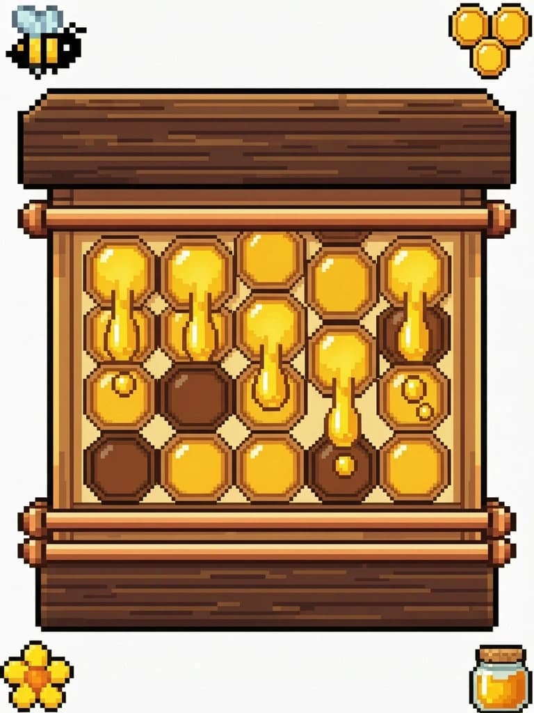 Pixel art beehive,front view, inspired by Stardew Valley and Minecraft aesthetics, cute and chunky stylized design, vibrant golden honey dripping from hexagonal openings, ,, clean sharp edges, high contrast, bright saturated colors, isolated on a solid transparent background, game asset style, 2D sprite, high resolution, charming cozy atmosphere. без дерева, это ведь пчелиный улей