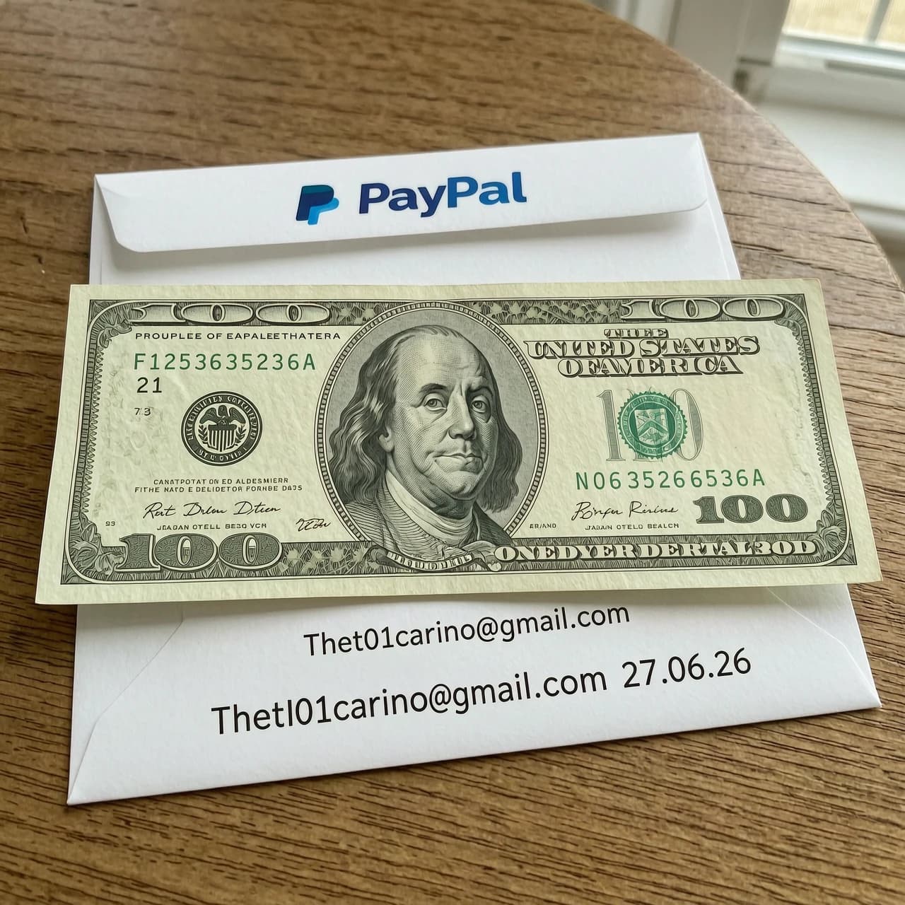 Make a 200$ bill PayPal on the mail The01carino@gmail.com date 27.06.26,