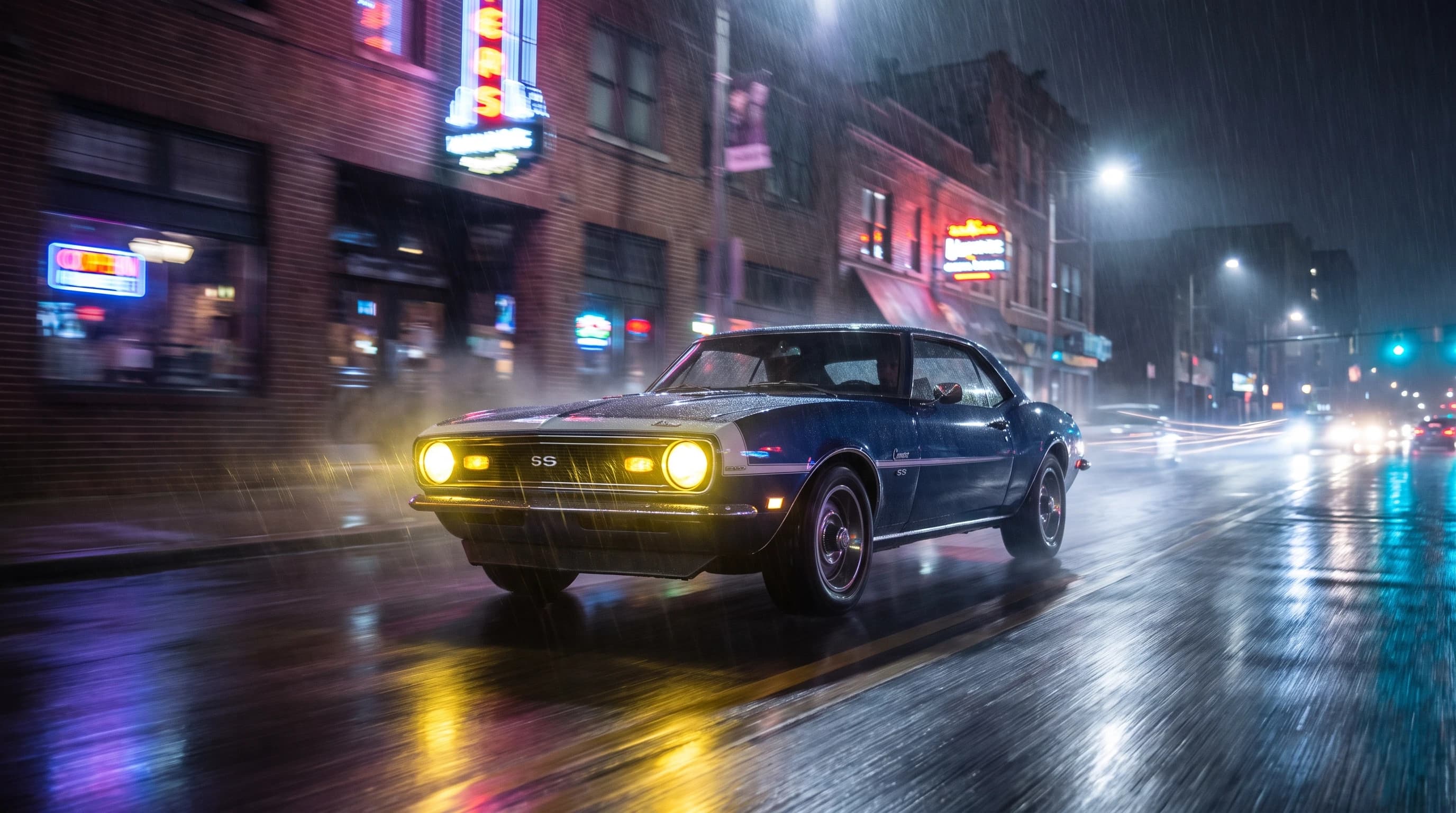 Chevrolet Camaro SS 1967 года, тёмно-синий окрас, едет по городской дороге, эпичный ракурс, эффект скорости, ночь и дождь, горящие фары, кинематографичная съёмка, шедевр