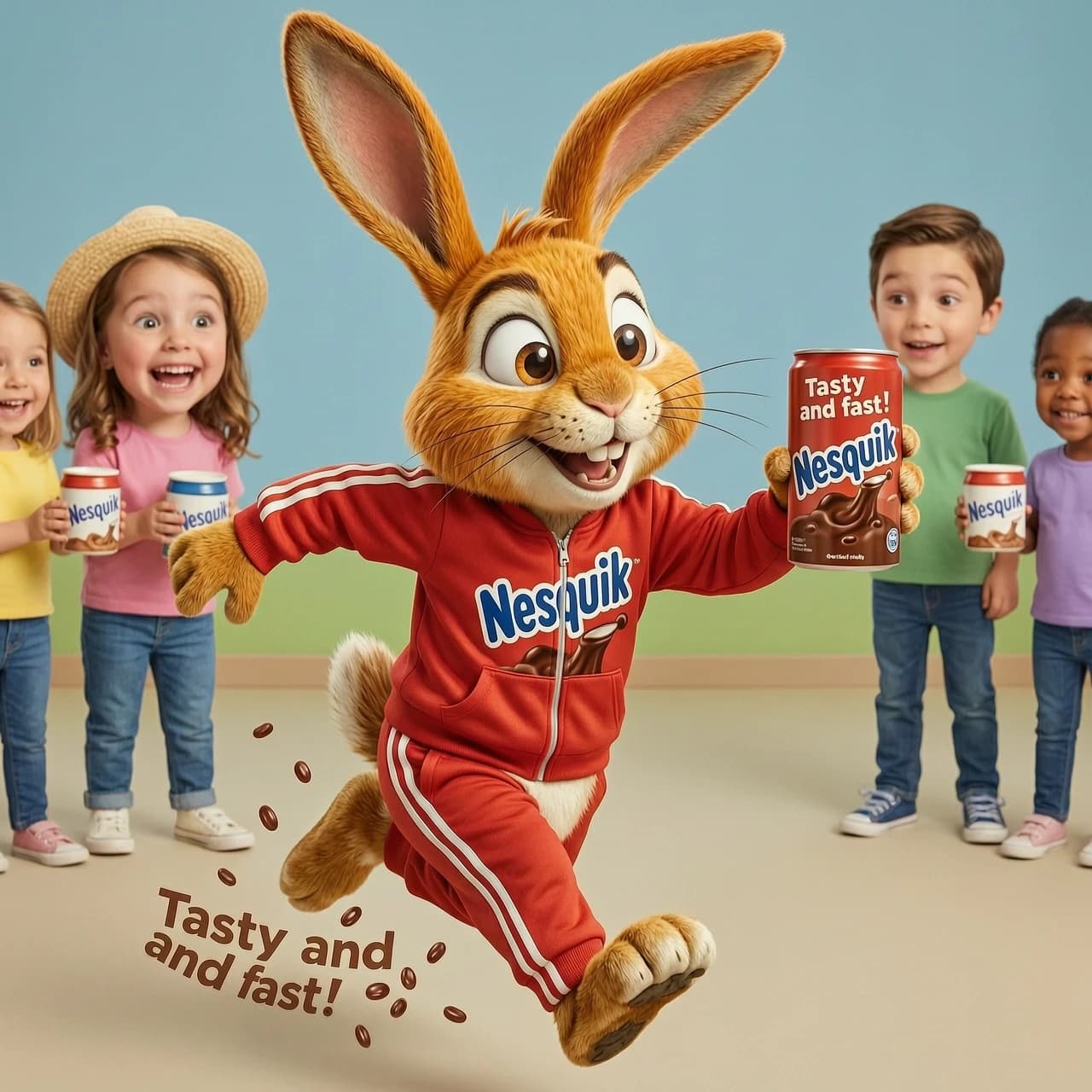 Quicky the Rabbit is an anthropomorphic rabbit with bright orange (less commonly brown) fur, long ears, and big expressive eyes. His main distinguishing feature is his incredible speed and hyperactivity. He wears a stylish tracksuit or a T-shirt with the Nesquik logo, which emphasizes his dynamic personality.

Quicky is a real jokester and a restless soul. He adores the chocolate taste of Nesquik and will do anything for it. In commercials, he often acts as a friend and helper to children who can't decide what to have for breakfast. The rabbit cleverly persuades them to choose the chocolate drink or cereal, demonstrating incredible tricks and speed. His motto: "Tasty and fast!"