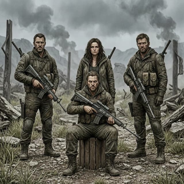 Изображение по вселенной сталкер 
Изобразить группу из четырех человек-сталкеров. Лидер группы стоит в центре - девушка по прозвищу Валькирия. С переди неё сидит сталкер Гоблин роста 170 см. С боку от нее двое мужчин - сталкеры Вексель и Знахарь.