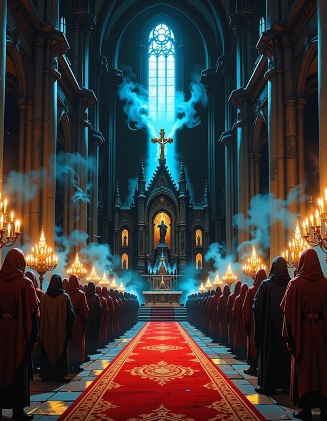 A masterpiece,  in the style of the 1980s, with bold lines, dynamic strokes and rich textures, on background with a touch of nostalgia, perhaps with subtle drawings inspired by cellulose and vintage, worn textures similar to paper,oil painting, Gothic cathedral interior, towering stone columns and ornate arches receding into shadow, a long central aisle flanked by two symmetrical rows of hooded figures in deep crimson robes standing solemnly, an enormous ornate gilded cross on the raised altar bathed in a single divine shaft of soft, volumetric light streaming from a high stained-glass window, warm candlelight and chandeliers casting flickering golden highlights against cool, deep shadows, heavy atmosphere with drifting incense smoke, cinematic wide-angle composition from a low central viewpoint leading the eye to the cross, ultra-detailed textures on fabric, stone, metal and wax, dramatic chiaroscuro, epic, solemn and mysterious mood, realistic photoreal rendering, subtle film grain, rich color grading with deep crimsons and warm golds, crisp focus on altar with mild depth of field on foreground figures, high resolution, highly detailed, moody cinematic lighting. celshading, simple background