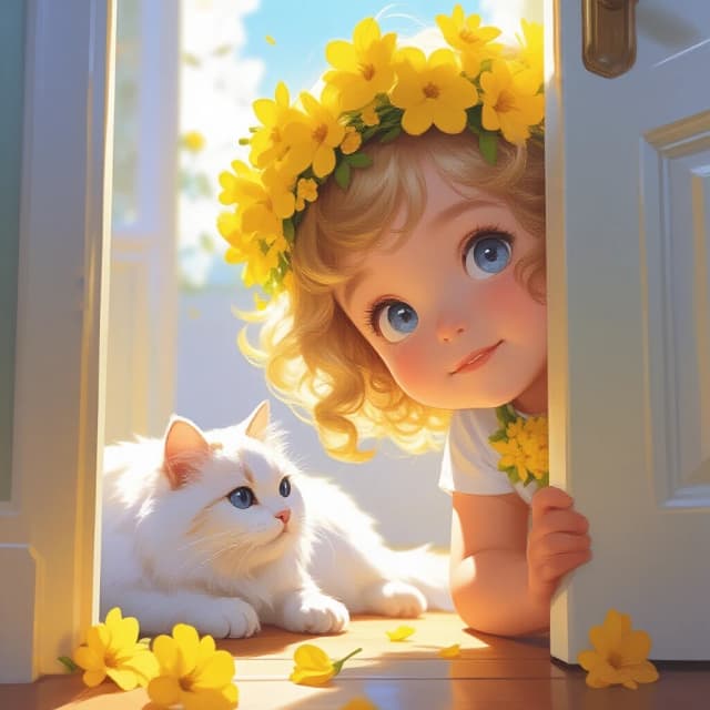Цифровая иллюстрация, милая маленькая девочка с кудрявыми светлыми волосами и венком из желтых цветов на голове, выглядывает из-за белой открытой двери, наклонившись вперед. У нее большие голубые глаза, нежный румянец, она одета в простую белую футболку с желтыми цветочками. Рядом на деревянном полу лежит пушистый белый кот с голубыми глазами и розовым носиком, он смотрит вверх. По полу разбросаны желтые цветы. Яркий солнечный свет, заливающий комнату, контровой свет (свечение на волосах), теплые золотистые тона, фотографическая глубина резкости, детализированный мех, кинематографичный стиль, мягкие тени, атмосфера счастья и уюта, высокое качество 8k, работа художника-иллюстратора.