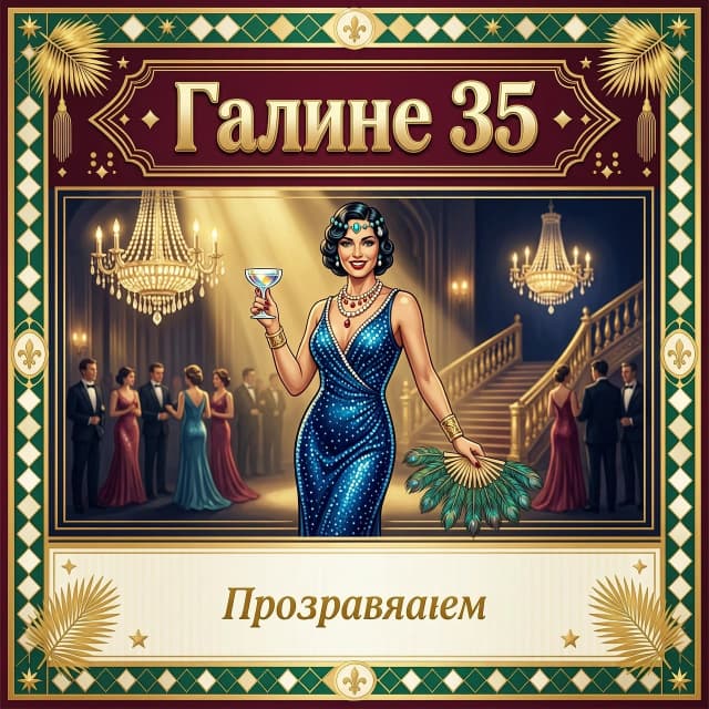 красочная картинка в стиле гетсби на фон и сверху надпись галине 35 и убери нижние надписи добавь поздравляем
убери надпись нижнюю и оставь место
и картинку ту же
