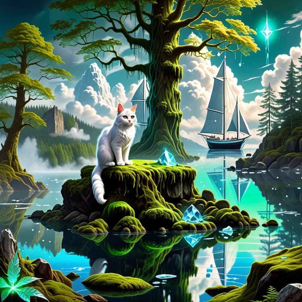 Epic fantasy digital painting, a magical glowing forest with towering ancient trees with bioluminescent leaves, lush green moss, and floating glowing spores. In the distance, a crystal-clear lake reflects fluffy white clouds and majestic sailing ships with glowing silver sails floating peacefully on the water. In the foreground, a wise fluffy cat sits on a stone ledge, looking at the viewer with glowing eyes. A mystical glowing compass and a cup of hot tea are on the table next to the cat. Soft ethereal sunlight breaking through the mist, cinematic volumetric lighting, deep rich colors, highly detailed, 8k, masterpiece, artstation style.
