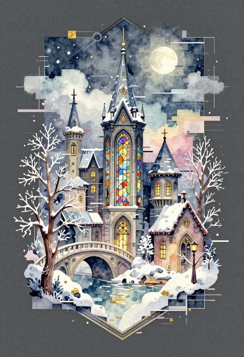 A watercolor painting is a logo or tattoo on a dark gray background with a gradient. Art deco. Vertical composition with an expressive glitch effect. The visible texture of canvas or textured watercolor paper. Glitch art: Everything consists of squares, with digital interference and distorted visual effects. An unusual fairytale city in the style of the Renaissance. Beautiful, unusual, with stained glass windows, bridges, towers. Delicate branching trees with frost and roofs covered with snow. Snowfall. It is made in digital format. Above, there is a full moon among the clouds. Vertical decorative composition. Everything consists of squares, with digital interference and distorted visual effects. Pastel, powdery shades. Deep shadows. Black lines drawn with pencil or charcoal to emphasize the main elements. Watercolor effects. Gold leaf accents, bright and shiny, emphasize important elements.