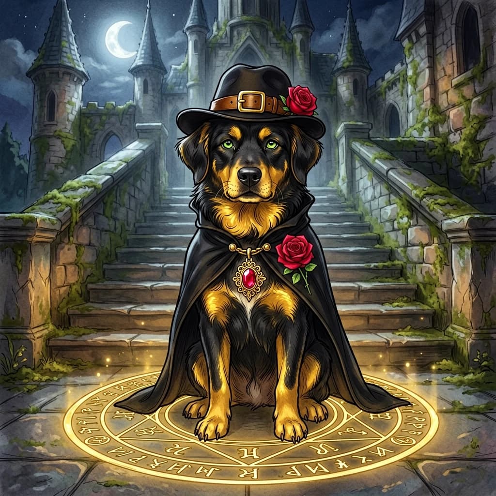 (Background):Moonlit night spires of an ancient stone building with moss growing between the stones. There is a dog sitting on a wide landing at the bottom of a stone staircase. In front of him is a golden magic circle.   Magic runes are inscribed inside the circle, in calligraphic strokes (Dog): black and brown with golden markings, with green eyes. He is wearing a black cape with a pin in the shape of a rose. He wears a hat with a gold buckle and a red rose bud. There is a golden magic pendant with a red gemstone around her neck. (Style):art fantasy, shabby chic, rococo, baroque, art design, romance, close-up, double exposure, high quality, gradient, grace, outline, pen stroke, calligraphic handwriting, magical runes, secret writing, magic. Interior light, 4k, intricate details.