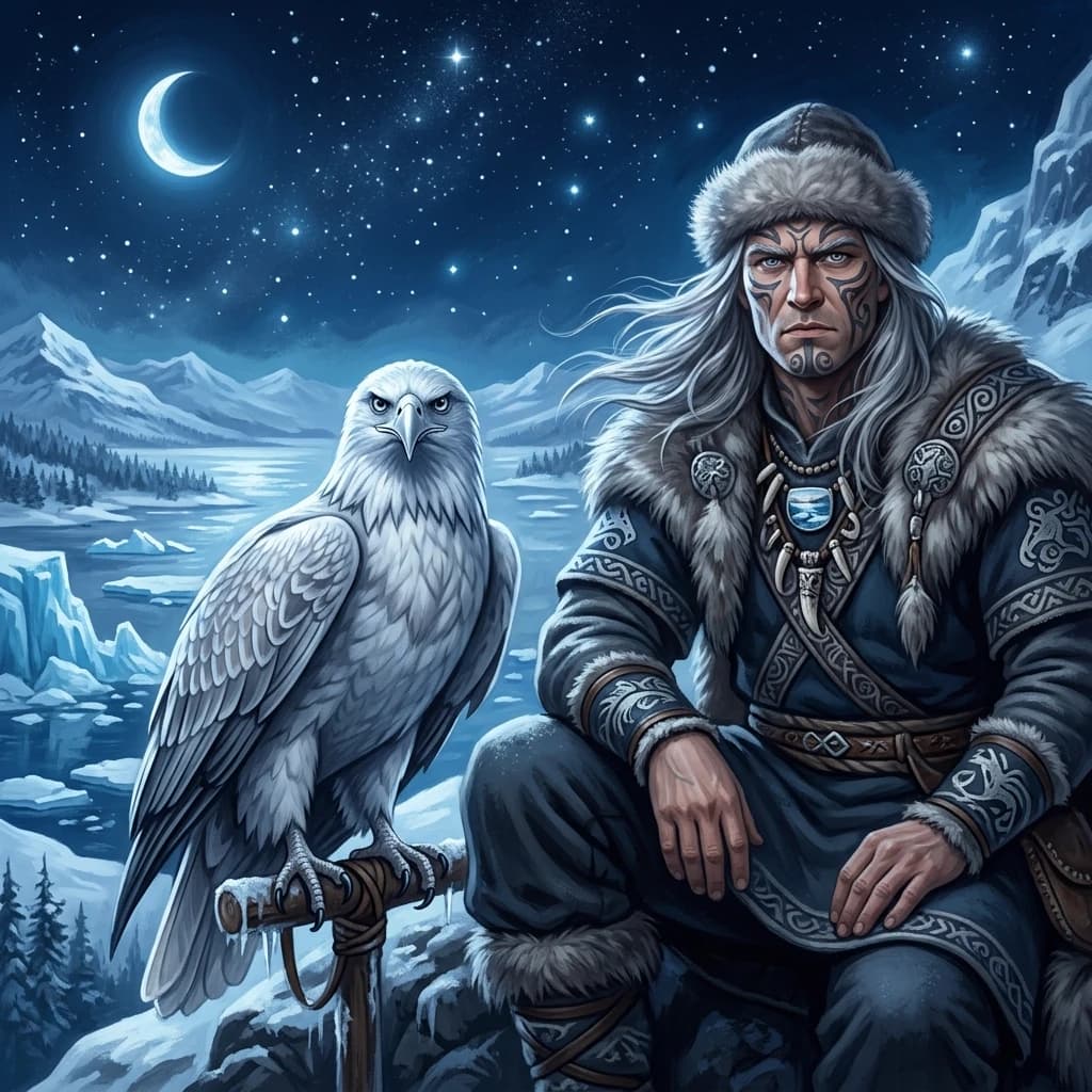 In the painting, we see a man with an eagle sitting next to him. The man looks stern and determined, with thick eyebrows and attentive silver-blue eyes.  Ice floes and snow will be reflected in his eyes. His hair is ash-silver, long, and slightly windblown. He is dressed in traditional clothes with fur elements, decorated with patterns and pendants. She wears a fur-trimmed hat and a massive jeweled necklace. The man's face is covered with tattoos, which emphasizes his connection with nature. The eagle is a powerful predator with a silvery—white beak and snow-white plumage. His eyes reflect the sky and the glitter of ice. He's looking straight ahead, like he's ready to take off. This creates a sense of unity between man and nature.
The background is a winter landscape with a starry sky and a bright moon. Style:winter fantasy art, fairy tale, subtle textures and shadows create a sense of depth. The inner light. High quality, 4k, sophisticated detail. Object tracing: rotation, mirror image, tilt, perspective. (Color): Dark blue, light blue, white.