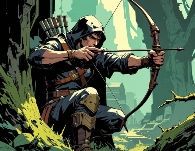 A masterpiece,  in the style of the 1980s, with bold lines, dynamic strokes and rich textures, on background with a touch of nostalgia, perhaps with subtle drawings inspired by cellulose and vintage, worn textures similar to paper, oil painting, A rugged bandit archer hiding in dappled forest undergrowth, leather armor patched with stolen insignias, hood shadowing a scarred face, longbow drawn and aimed from behind moss-covered ruins, muddy boots, knives at belt, grimdark fantasy, Dungeon & Dragons style, cinematic lighting, ultra detailed, dark green and brown palette, fantasy art, dungeons and dragons rpg aesthetic. celshading, simple background