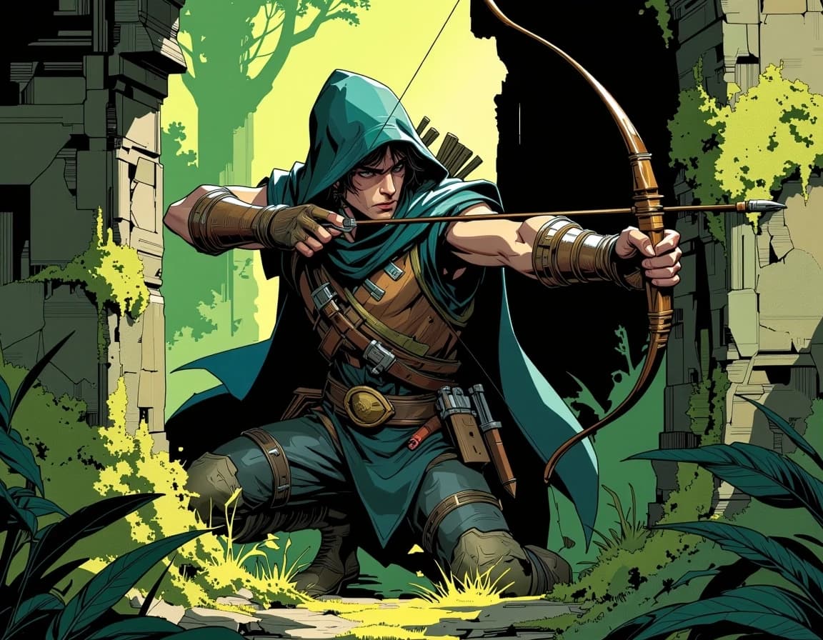 A masterpiece,  in the style of the 1980s, with bold lines, dynamic strokes and rich textures, on background with a touch of nostalgia, perhaps with subtle drawings inspired by cellulose and vintage, worn textures similar to paper, oil painting, A rugged bandit archer hiding in dappled forest undergrowth, leather armor patched with stolen insignias, hood shadowing a scarred face, longbow drawn and aimed from behind moss-covered ruins, muddy boots, knives at belt, grimdark fantasy, Dungeon & Dragons style, cinematic lighting, ultra detailed, dark green and brown palette, fantasy art, dungeons and dragons rpg aesthetic. celshading, simple background