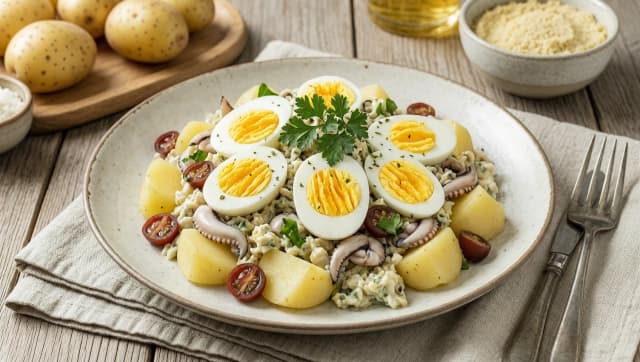 Салат из картофеля, яиц и сайры