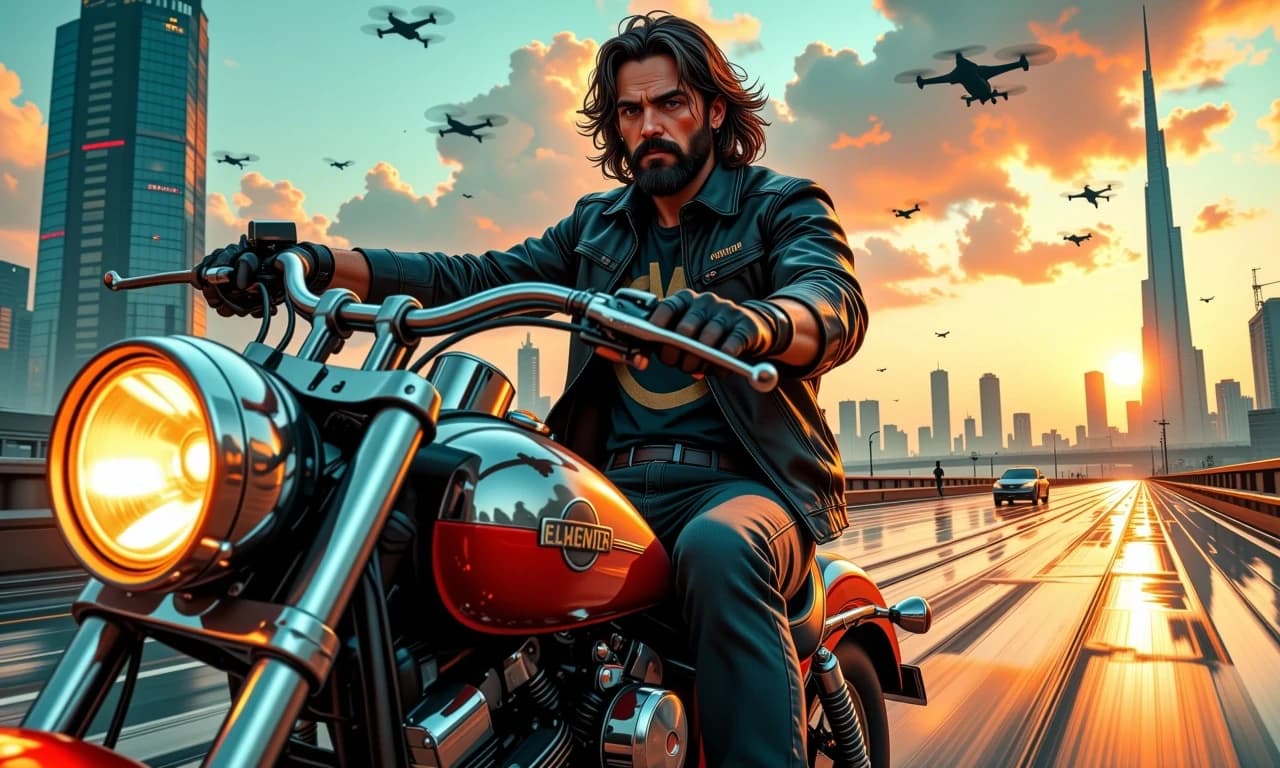 A masterpiece,  in the style of the 1980s, with bold lines, dynamic strokes and rich textures, on background with a touch of nostalgia, perhaps with subtle drawings inspired by cellulose and vintage, worn textures similar to paper, oil painting, Cinematic photorealistic scene of a rugged bearded man with long wavy hair riding a classic chrome motorcycle through a futuristic coastal metropolis at dusk, wearing a worn black leather jacket, dark graphic tee and fingerless gloves, hair and jacket whipping in the wind, confident gaze forward; foreground bike richly detailed with reflective chrome, visible headlamp casting warm glow and subtle oil-streaked textures, low-angle three-quarter view framing rider as heroic focal point; expansive background of sleek glass-and-metal skyscrapers and a colossal spire-like tower rising from a flooded district, numerous flying taxis and drones dotting the sky, water reflecting golden-orange sunset and neon city lights; dramatic moody clouds, volumetric god rays, warm highlights and cool teal shadows, slight motion blur on background elements to imply speed, sharp focus on rider and motorcycle, shallow depth of field, 35mm cinematic perspective, realistic skin pores and stubble, leather grain and scratch marks on metal, atmospheric haze, subtle lens flare, film grain, high dynamic range, ultra-detailed, hyperreal, epic, story-driven composition. celshading, simple background