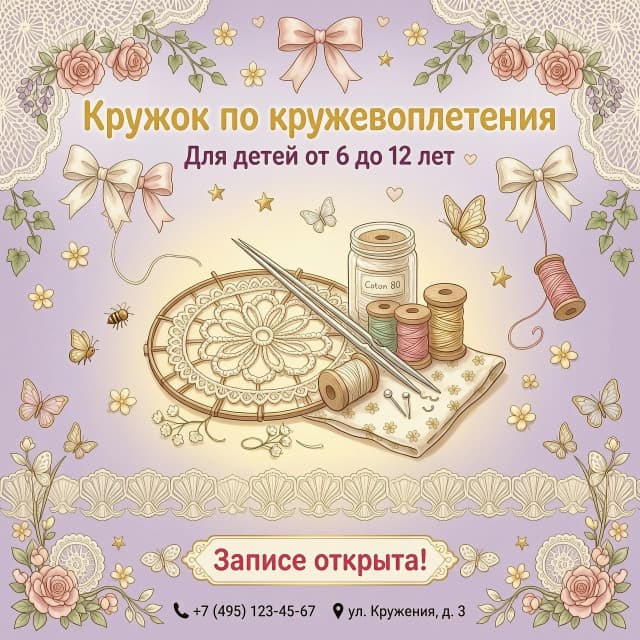 Создай фон для объявления о наборе детей на кружок по кружевоплетению