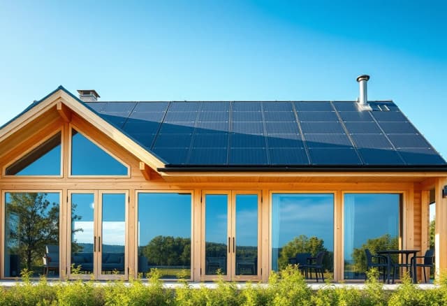 A premium close-up architectural shot of a modern Scandinavian wooden frame house, 1500x1000 resolution style. Massive panoramic floor-to-ceiling glass windows and beautiful light timber facade dominate the frame. Crisp sharp textures of the natural wood planks. Sleek high-tech black solar panels are perfectly integrated onto the roof, catching bright sunbeams. Clear blue sky, a touch of green landscaping at the bottom. Ultra-detailed, realistic lighting, photorealistic, 8k, architectural masterpiece look.