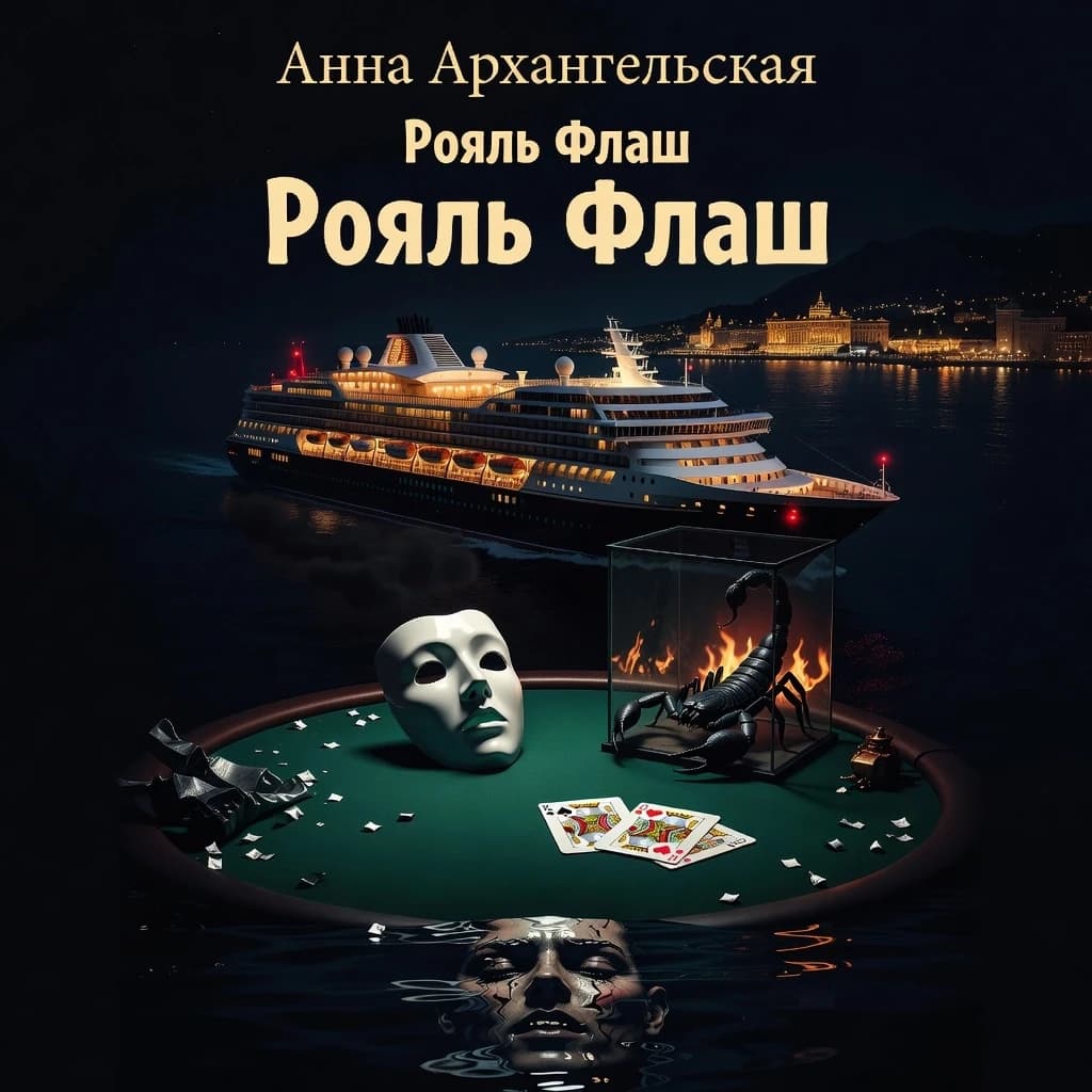 Book cover for a Russian-language psychological detective thriller.  Автор: Анна Архангельская, серия: "Королевский флеш", название: "Королевский флеш", Vertical 2:3 composition. Cinematic digital painting in a high-end noir style. A luxurious Mediterranean cruise liner at night, viewed from a high-angle perspective, drifting through the deep, ink-black waters of a winter sea near the shimmering, distant golden lights of Monte Carlo. The ship is an imposing silhouette of elegance and hidden menace: the upper decks glow with a warm, opulent amber light, while the lower decks dissolve into thick, smoke-like shadows. 

In the sharp foreground, a dramatic still life: a single, pristine white porcelain theatrical half-mask floats weightlessly above a deep emerald green felt poker table. Beside it, the dark, menacing silhouette of a black scorpion is visible inside a glass terrarium. Two playing cards lie on the felt: the King of Spades and the King of Hearts, with a Joker card partially tucked beneath them. The surface of the dark water below reflects a haunting, distorted human face, blending reality with psychological dread. 

Lighting: Dramatic chiaroscuro, with warm gold highlights clashing against midnight navy shadows. Small, piercing crimson emergency lights and glints of silver confetti provide sharp accents. Subtle reflections of fire dance within the glass elements. Mood: Expensive, tense, psychological suspense, winter glamour, and noir mystery. Palette: Midnight navy, emerald green, old gold, ivory white, and controlled crimson. Composition: Uncluttered, leaving clean, atmospheric space