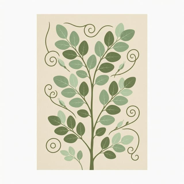 Abstract botanical poster, minimalist composition, tall elegant eucalyptus leaves and flowing vines, vertical organic lines, soft olive green and sage accents on warm beige and cream background, isolated on pure white background, flat lay, no frame, no shadows, no interior, matte paper texture, high detail, sharp focus, clean graphic design, archival print quality --ar 5:7 --style raw --stylize 250 --v 6.0 --no text, people, furniture, room, wall, frame, signature