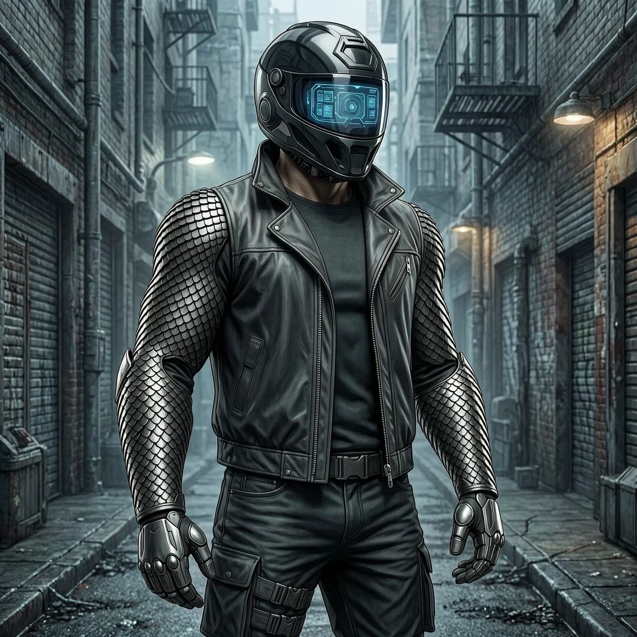 A full-body concept art of a futuristic sci-fi operative. Wearing a tactical dark fabric and leather combat jacket. The head is enclosed in a high-tech tactical helmet, a hybrid design combining a rugged Ops-Core military ballistic helmet with a sleek, glossy black motorcycle helmet visor featuring a glowing holographic HUD interface inside. Both arms are completely covered from shoulders to fingertips in an advanced monolithic dragon-scale armor made of micro-segmented matte-black carbon fiber plates, overlapping perfectly. The scaled arm armor seamlessly transitions into articulated tactical gauntlets with armored fingers. No scales on the torso or helmet. Grim cyberpunk alley background, photorealistic, intricate tech details, cinematic lighting, 8k resolution --ar 3:4