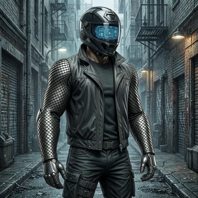 A full-body concept art of a futuristic sci-fi operative. Wearing a tactical dark fabric and leather combat jacket. The head is enclosed in a high-tech tactical helmet, a hybrid design combining a rugged Ops-Core military ballistic helmet with a sleek, glossy black motorcycle helmet visor featuring a glowing holographic HUD interface inside. Both arms are completely covered from shoulders to fingertips in an advanced monolithic dragon-scale armor made of micro-segmented matte-black carbon fiber plates, overlapping perfectly. The scaled arm armor seamlessly transitions into articulated tactical gauntlets with armored fingers. No scales on the torso or helmet. Grim cyberpunk alley background, photorealistic, intricate tech details, cinematic lighting, 8k resolution --ar 3:4