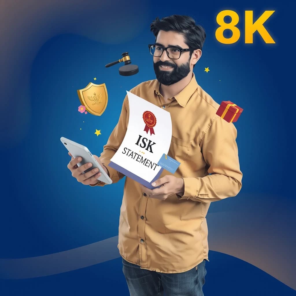Isometric 3D illustration, middle-aged man standing relaxed, holding a smartphone in his hand, a bright 3D document with a seal and text "ИСК " and "ЗАЯВЛЕНИЕ" flying out of the phone screen, floating icons of a judge's gavel, a shield, law books, vibrant deep blue and gold background, modern minimalism, 8k, rich lighting, detailed, isometric style, social media creative, advertising style --ar 16:9