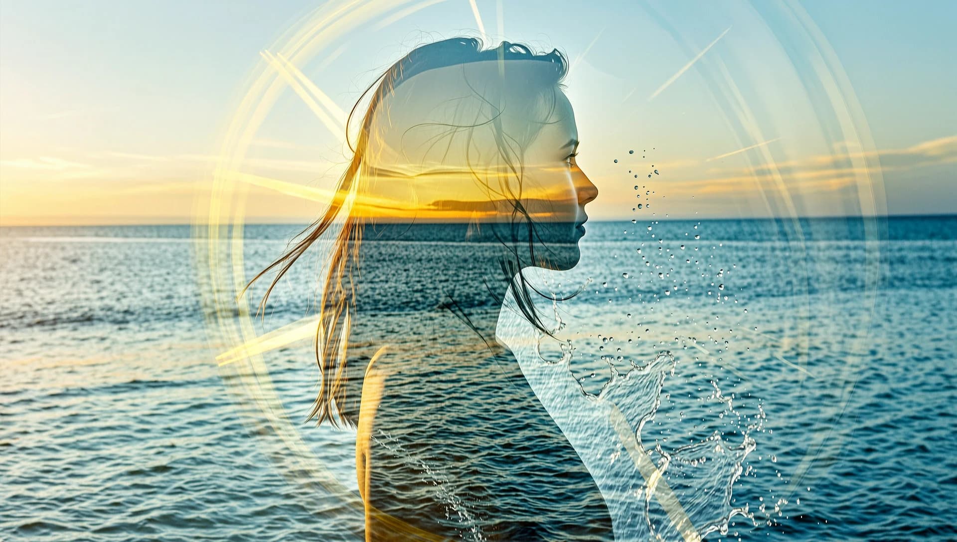 (Double exposure: 1,9). Abstract background (soft colors, marine theme). Seascape (waves, clear water, splashes) inside transparent silhouette of girl's profile. Dissolving colours. Dissolution of textures. Interpenetration of layers and textures. Stylistics: surrealism, realism. Based exclusively on cool colors + yellow sun rays