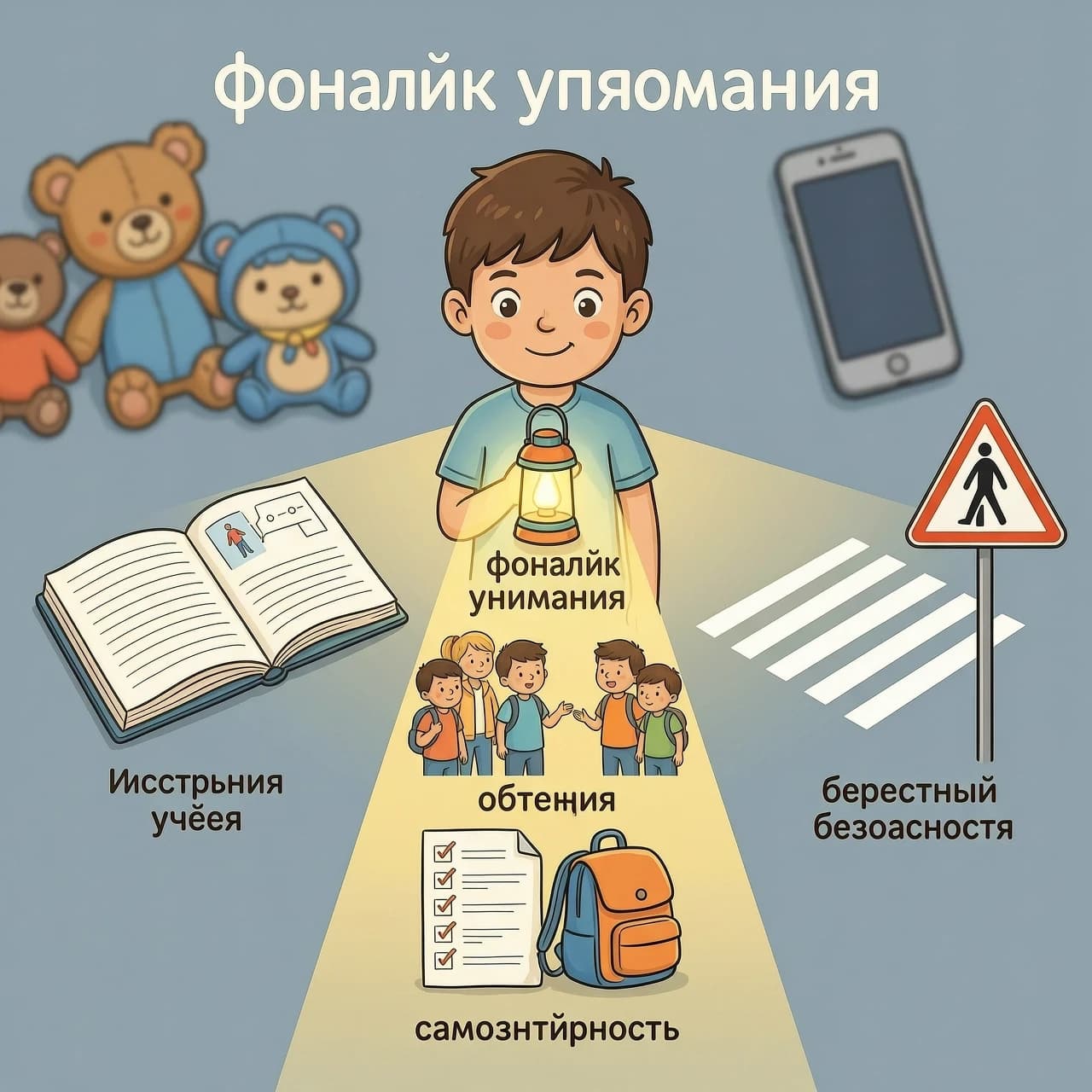 Изобрази мальчика 8–9 лет, который держит в руке светящийся «фонарик внимания». Луч света выделяет 4 важные зоны вокруг него:
— слева: открытая тетрадь и инструкция (учёба),
— справа: пешеходный переход и дорожный знак (безопасность),
— чуть дальше: группа детей, один ребёнок смотрит на другого (общение),
— внизу: список дел и рюкзак (самостоятельность).

За пределами луча — мягко размытые «фоновые» вещи (игрушки, экран телефона), они не в фокусе. Стиль: современная иллюстрация, мягкие тени, не фотореализм. Цветовая гамма: спокойный серо‑голубой фон, тёплый жёлтый свет фонарика, акцентные детали в оранжево‑синих тонах. Формат 1080×1080 px. Композиция должна считываться мгновенно: внимание как инструмент, который помогает быть успешным в разных сферах.