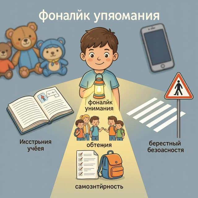 Изобрази мальчика 8–9 лет, который держит в руке светящийся «фонарик внимания». Луч света выделяет 4 важные зоны вокруг него:
— слева: открытая тетрадь и инструкция (учёба),
— справа: пешеходный переход и дорожный знак (безопасность),
— чуть дальше: группа детей, один ребёнок смотрит на другого (общение),
— внизу: список дел и рюкзак (самостоятельность).

За пределами луча — мягко размытые «фоновые» вещи (игрушки, экран телефона), они не в фокусе. Стиль: современная иллюстрация, мягкие тени, не фотореализм. Цветовая гамма: спокойный серо‑голубой фон, тёплый жёлтый свет фонарика, акцентные детали в оранжево‑синих тонах. Формат 1080×1080 px. Композиция должна считываться мгновенно: внимание как инструмент, который помогает быть успешным в разных сферах.