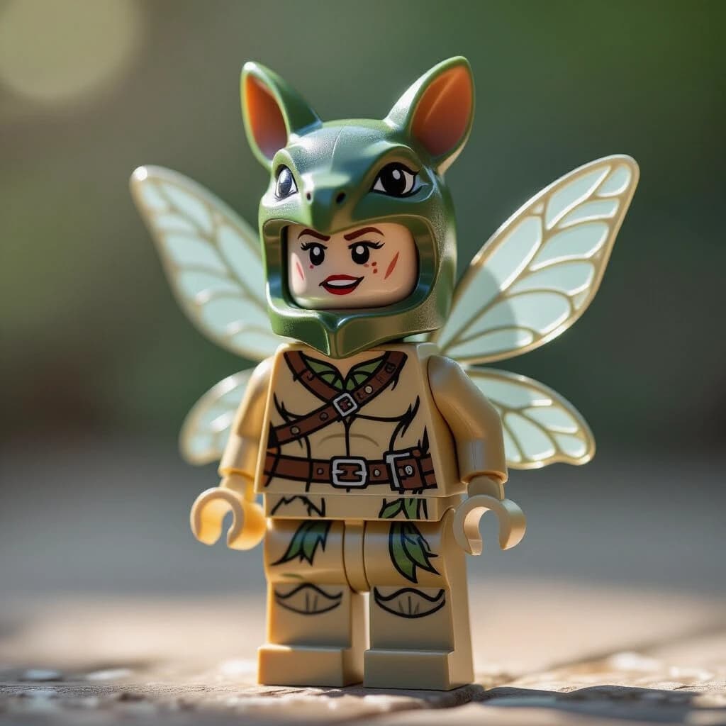 Премиум-класса оригинальная минифигурка персонаж LEGO, созданный 
Фигурка имеет классическое блочное тело в стиле LEGO и цилиндрическую голову, но имеет весьма характерные наряды, аксессуары и темы. Только оригинальная, ни где не опубликованная минифигурка в виде необычных сказочных животных под LEGO .
Фигурка изготовлена ​​из глянцевого пластика с реалистичной текстурой игрушки, царапинами и едва заметными дефектами. Персонаж расположен в динамичной композиции, как в витрине элитного товара.
Освещение кинематографическое, с мягкими тенями и бликами, создающими глубину и драматизм.
Снято в стиле макросъемки с малой глубиной резкости.
Фон минималистичный, но слегка атмосферный (мягкий градиент или едва заметный намек на окружающую обстановку). Сверхдетализированная фотография коллекционной игрушки с высоким разрешением, выполненная в стиле премиального брендинга.