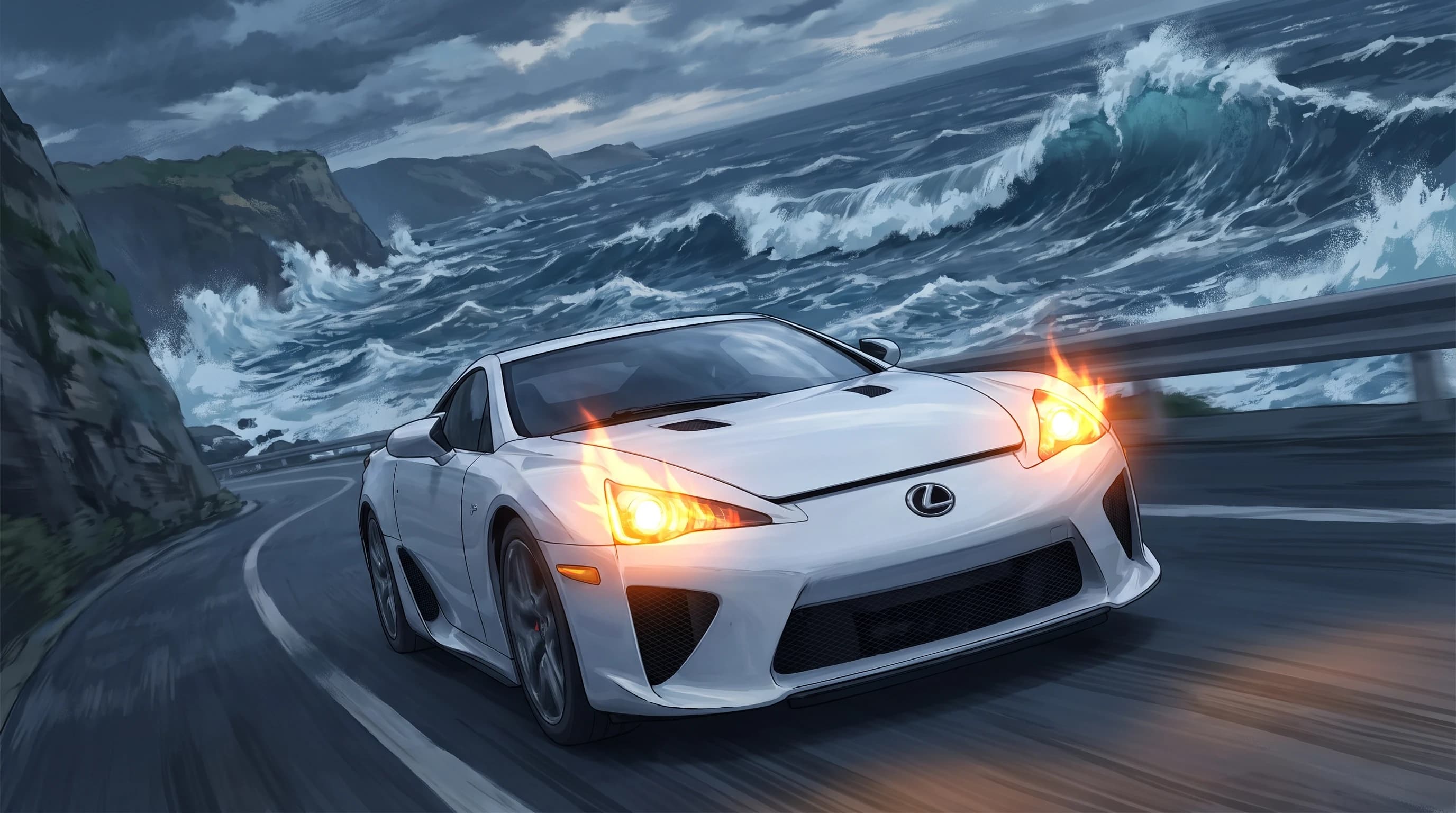 Lexus LFA, едет по дороге, эпичный ракурс, горящие фары, на фоне моря с большими волнами, шедевр, крупный план, стиль аниме с реалистичными деталями