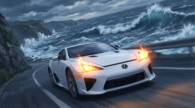 Lexus LFA, едет по дороге, эпичный ракурс, горящие фары, на фоне моря с большими волнами, шедевр, крупный план, стиль аниме с реалистичными деталями