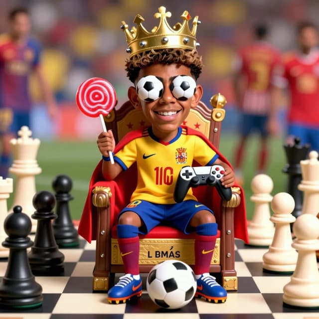 Hyper-exaggerated, grotesque caricature of Lamine Yamal, instantly recognizable by his youthful face, close-cropped hair, and teenage frame. He is comically depicted as a tiny king sitting on a massive throne made of the boots of legendary defenders he's dribbled past, each boot labeled with a name (Ramos, Piqué, etc.). His head is disproportionately large for his body, with an oversized crown made of football studs that keeps falling over his eyes. He holds a giant lollipop in one hand and a video game controller in the other, casually pressing buttons while the ball rolls obediently at his feet. He wears a royal robe made of the Spanish flag, and his expression is a mischievous grin, looking like a kid who just got away with something. Behind him, a giant chessboard where pieces are shaped like famous defenders, all in checkmate. Vibrant, youthful, hyper-detailed, grotesque, 9:16 vertical. No text.