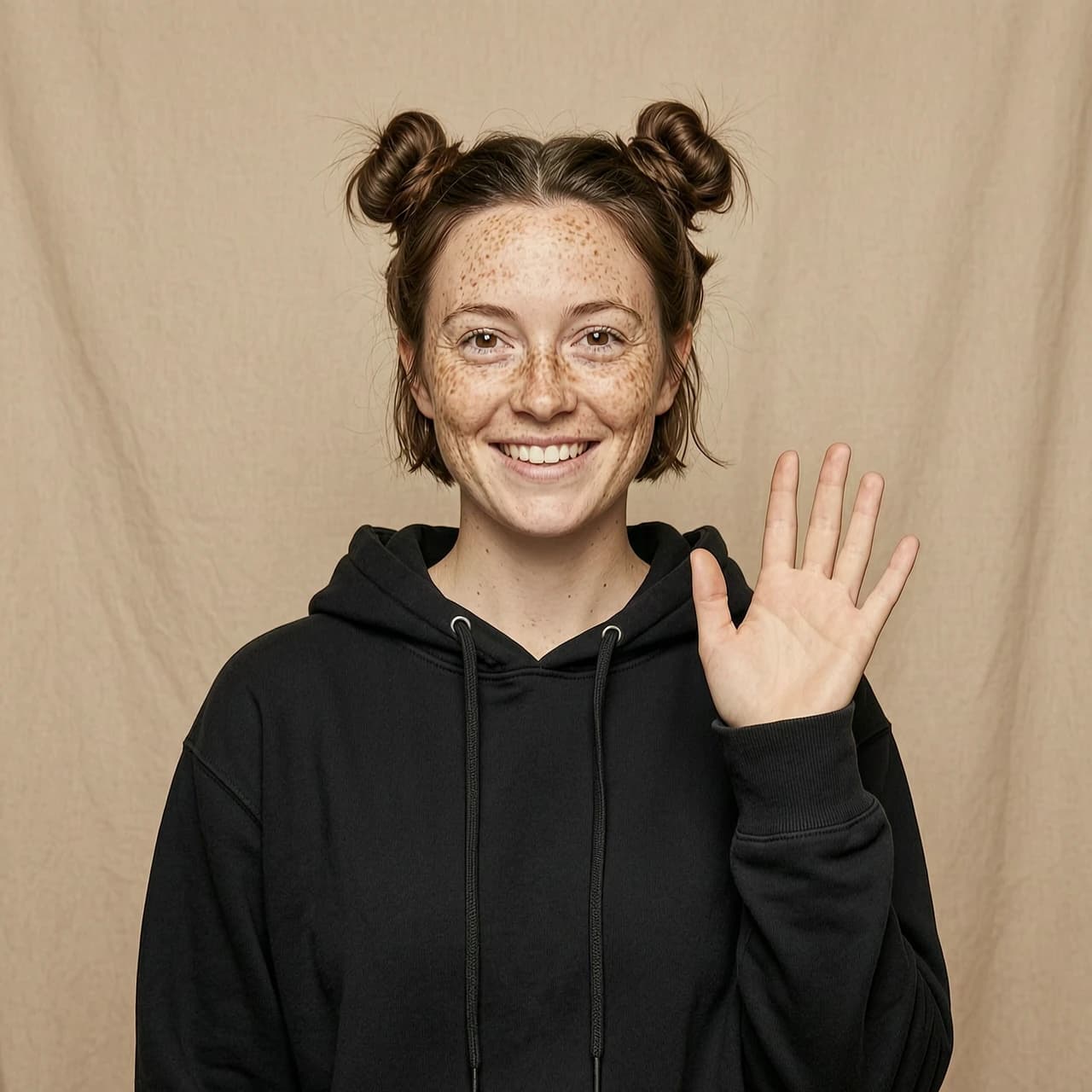 simple background, beautiful 1woman with short brown hair, hair buns, black hoodie, freckles, brown eyes, waving her palm