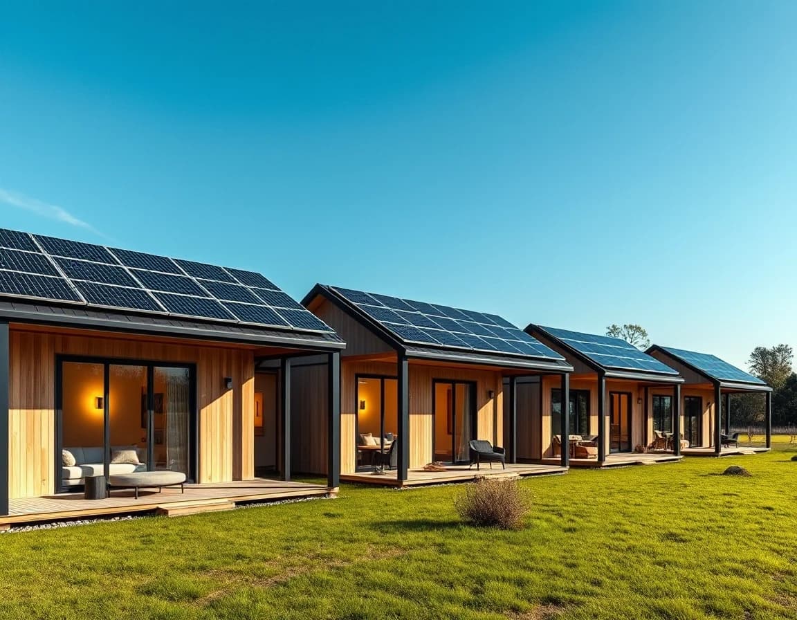 Horizontal architectural photography of a luxury eco-resort hotel complex. Three identical modern frame modular cabins standing in a neat row. Light wood facades with black metal trim, large panoramic glass windows with glowing warm lights inside. Dark sleek solar panels are perfectly mounted on the roofs. Beautiful southern green landscape, clear blue sky, sunny afternoon light, photorealistic, 8k resolution.