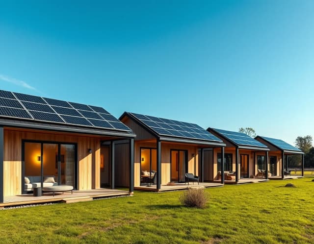 Horizontal architectural photography of a luxury eco-resort hotel complex. Three identical modern frame modular cabins standing in a neat row. Light wood facades with black metal trim, large panoramic glass windows with glowing warm lights inside. Dark sleek solar panels are perfectly mounted on the roofs. Beautiful southern green landscape, clear blue sky, sunny afternoon light, photorealistic, 8k resolution.
