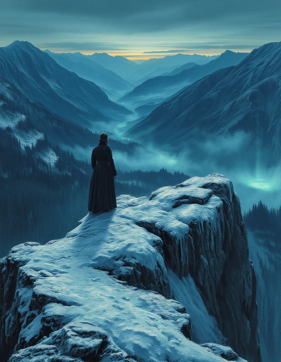A true masterpiece, gotic style?a highly detailed oil painting. A wide-angle landscape in the dark fantasy style, depicting the Vosges mountains at dawn. A cold dawn. Two figures—a man and a woman (dressed in 17th-century style)—stand on a jagged, icy mountain ridge. The ground is covered in sharp crystalline frost, glowing with a faint, ghostly blue phosphorescent light. In the distance, a mysterious glowing mist hovers in the valley below. Rugged, frozen rocks, a detailed, cold atmosphere, Gothic aesthetics. 17th-century engraving style, cinematic composition. In the style of Russ Mills. Soft, three-dimensional lighting matches the artistic style and colour palette. An epic, historical fantasy textured oil painting, 8k.