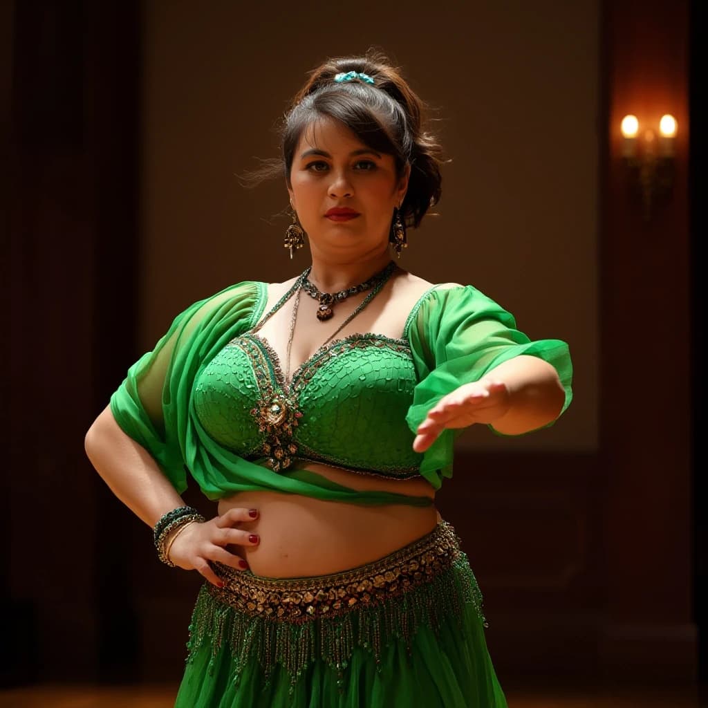 front view chubby belly dancer fifty years woman in green costume brown short ponytail hair stand in hall