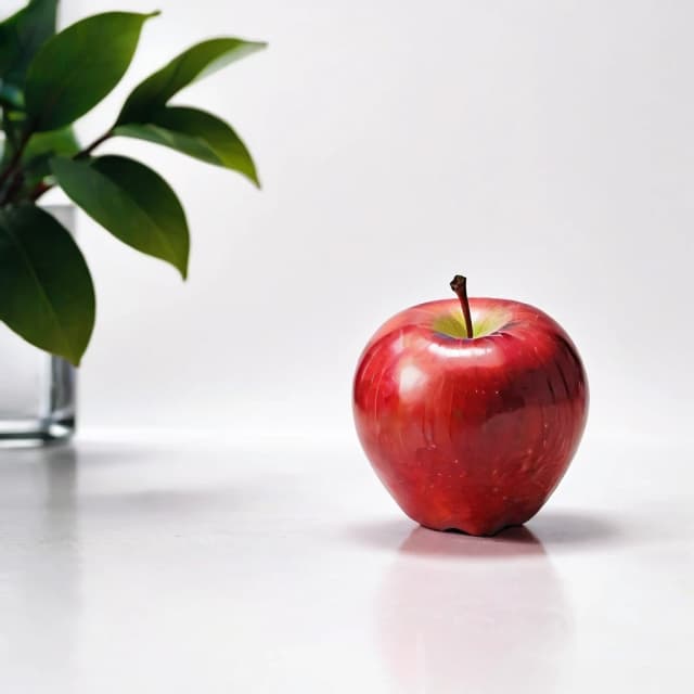 a red apple on a white table