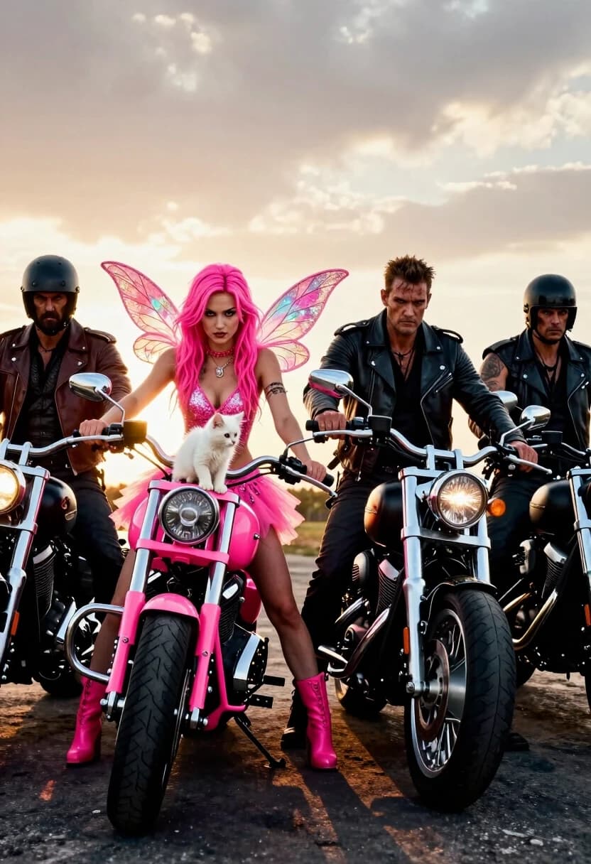 )*A hyper-realistic 8k wide-angle cinematic shot. A row of four powerful motorcycles facing the camera. The bikers are gritty and fierce, dressed in the traditional "outlaw" leather armor. Second from the left, the stunning rebel girl commands the scene on her polished neon-pink heavy bike, wearing a glittering pink fairy costume with shimmering wings. Her expression is one of playful arrogance, mocking the very idea of "toughness." On her pink saddle, a tiny, fluffy white kitten looks curiously at the world. The camera angle is low, making her pink silhouette tower over the dark surroundings. Lighting: dramatic backlight from the setting sun, creating a golden rim that separates her from the dark mass of the gang. Shot on RED V-Raptor, capturing the extreme tactile contrast of soft kitten fur and cold, hard steel. A manifesto of individuality, vivid saturation, cinematic volume.*