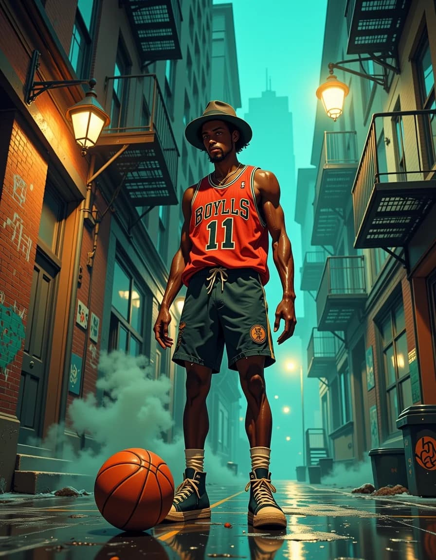 A masterpiece,  in the style of the 1980s, with bold lines, dynamic strokes and rich textures, on background with a touch of nostalgia, perhaps with subtle drawings inspired by cellulose and vintage, worn textures similar to paper, oil painting, A gritty, cinematic urban noir scene of a lean, stylized Black streetball player in exaggerated, caricatured proportions — long limbs, slightly oversized hands and feet, narrow face with an afro, thin goatee and intense eyes — wearing a worn vintage basketball jersey numbered 11, ripped shorts and scuffed high-top sneakers, dribbling a leather basketball on a rain-slick alley court at night. He wears a tilted fedora. Moody fog and drifting smoke curl around fire escapes, graffiti-covered brick walls and a lone streetlamp casting warm rim light. Low-angle, wide perspective, high contrast chiaroscuro, desaturated teal and sepia palette, wet reflections, detailed skin texture, fabric wear, rain droplets, subtle motion blur on the ball, cinematic film grain and dramatic volumetric lighting for a tense, atmospheric portrait. hdr