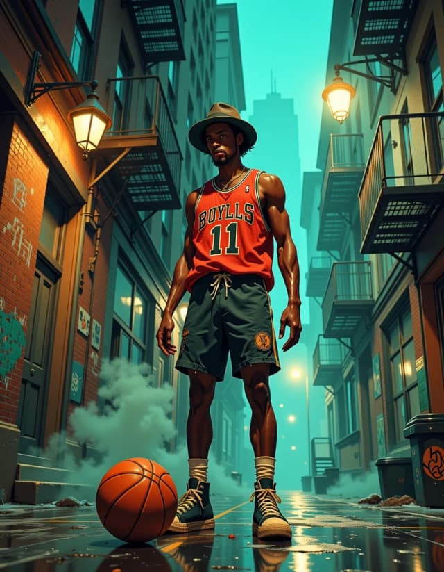 A masterpiece,  in the style of the 1980s, with bold lines, dynamic strokes and rich textures, on background with a touch of nostalgia, perhaps with subtle drawings inspired by cellulose and vintage, worn textures similar to paper, oil painting, A gritty, cinematic urban noir scene of a lean, stylized Black streetball player in exaggerated, caricatured proportions — long limbs, slightly oversized hands and feet, narrow face with an afro, thin goatee and intense eyes — wearing a worn vintage basketball jersey numbered 11, ripped shorts and scuffed high-top sneakers, dribbling a leather basketball on a rain-slick alley court at night. He wears a tilted fedora. Moody fog and drifting smoke curl around fire escapes, graffiti-covered brick walls and a lone streetlamp casting warm rim light. Low-angle, wide perspective, high contrast chiaroscuro, desaturated teal and sepia palette, wet reflections, detailed skin texture, fabric wear, rain droplets, subtle motion blur on the ball, cinematic film grain and dramatic volumetric lighting for a tense, atmospheric portrait. hdr