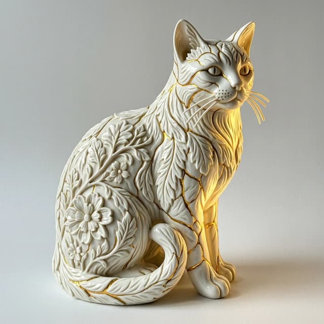 Digital image in Baroque and rocaille style with elements of kintsugi technique. Close-up. (Decorative sculpture made of white porcelain: 1.5). Golden cracks. Volume. The Persian cat. Glossy, porcelain, shiny. The cat's head and body are decorated with gorgeous embossed flowers. (Perfect white porcelain (1.5 ). Exquisite carvings that convey the fur, whiskers and tail of a seated cat. The edges of the leaves and the patterns are decorated with intricate carvings. Thin twigs, delicate flowers and leaves. Lots of fine gold veins. Intricate weaves, swirls, almost psychedelic ornaments. An amazing, mesmerizing sight: the glow. Luminescence. The background is white, with shadows and spectacular lighting. Style: rococo, surrealism, fairy tale, fantasy. Dynamic and expressive. Subtle patterns. Stylization, intricate decorative molding, surrealism, modernism. In the manner of Andrew Jones, Lorenzo Bernini. High quality.