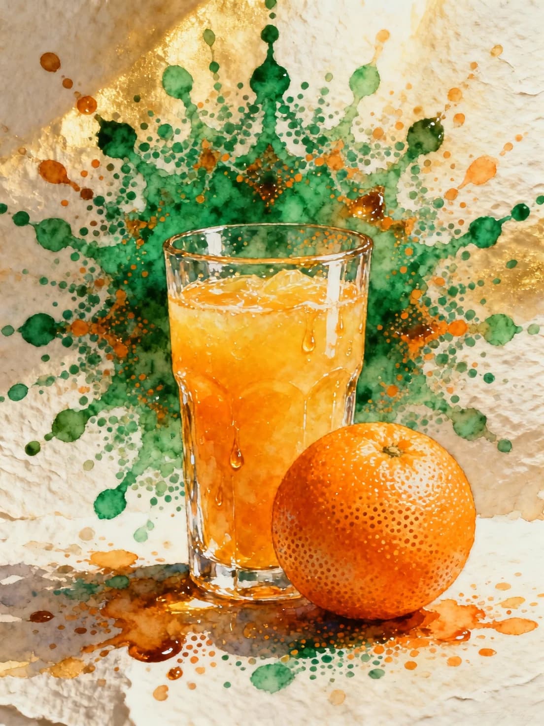 Watercolor splashes and streams of watercolor on rounded watercolor paper. In the style of Agnes Cecil. Image in the technique of digital pointillism. Drops and spots of bright colors add up to a small, logo-like still life: a glass of bright tropical juice and an orange created from colored watercolor spots of blots, dots on a textured canvas: a complex pattern of dots and drops, a fractal pattern of dots and drops around. Delicate drops of watercolor form the texture of an orange peel. The point textures of the complex fractal background form a bizarre abstraction. A harmonious combination of watercolor impressionism and pointillism. The atmosphere of strangeness and surrealism. Soft warm golden light, bright shades of emerald and amber. Emerald green and sunny orange colors on a light background of textured watercolor paper create a sense of unusual modern craftsmanship and style.